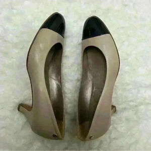 Agl Black Patent Brown Leather Cap Toe Slip On Block